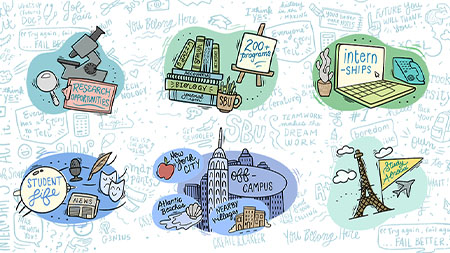 Six handrawn illustrations representing the unique highlights of Stony Brook University.